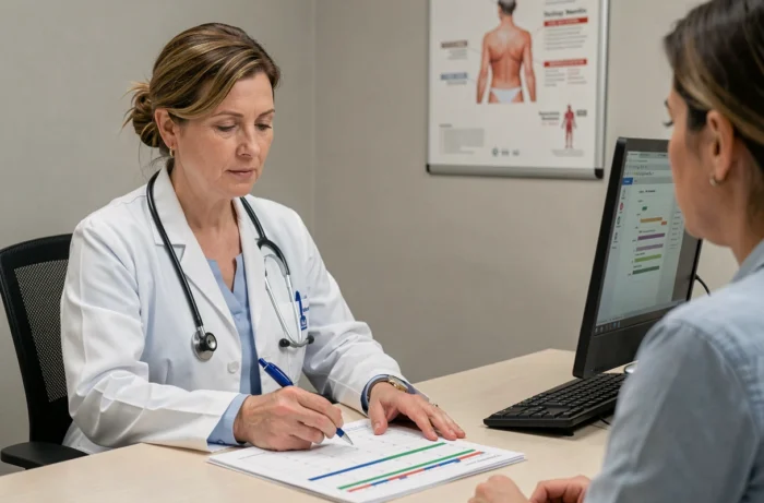 Médecin généraliste expliquant la durée d'incubation et d'isolement du COVID à un patient en consultation