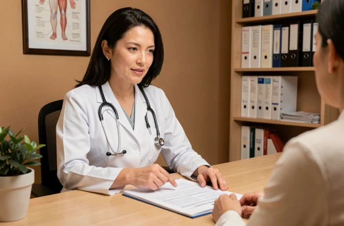 Médecin spécialiste en fertilité expliquant les étapes d'un protocole FIV à sa patiente lors d'une consultation en clinique de procréation médicalement assistée