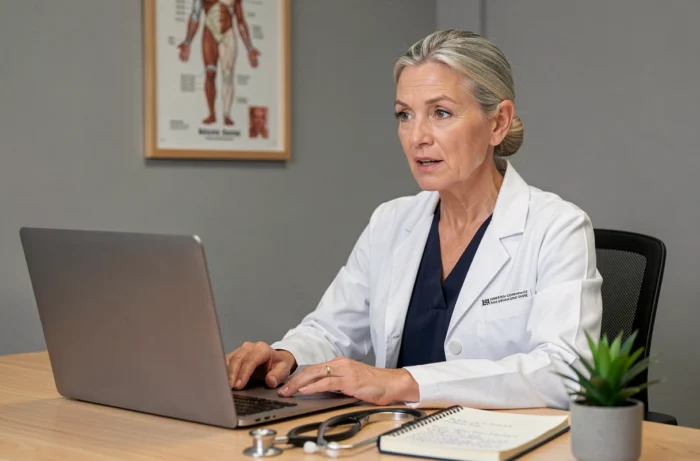 Médecin généraliste en train de réaliser une téléconsultation depuis son cabinet médical