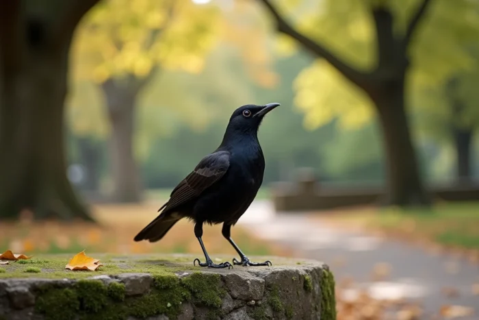 Merle noir dans un parc urbain posé sur une pierre moussue, attitude détendue et curieuse témoignant d'un oiseau épanoui en milieu naturel