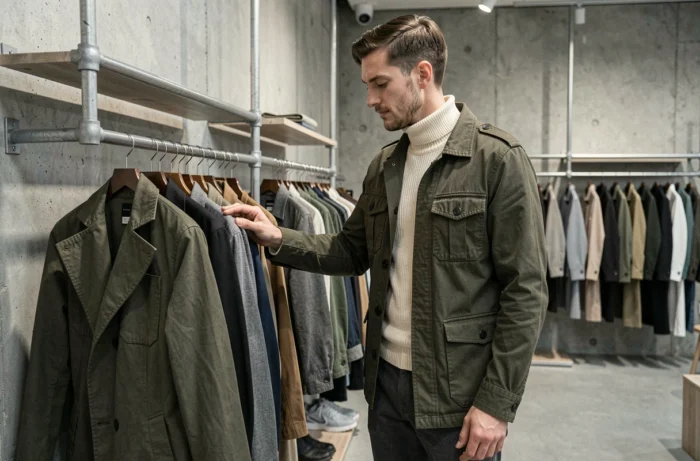 Homme en veste utilitaire olive dans un concept store minimaliste, explorant les nouvelles tendances de mode masculine contemporaine