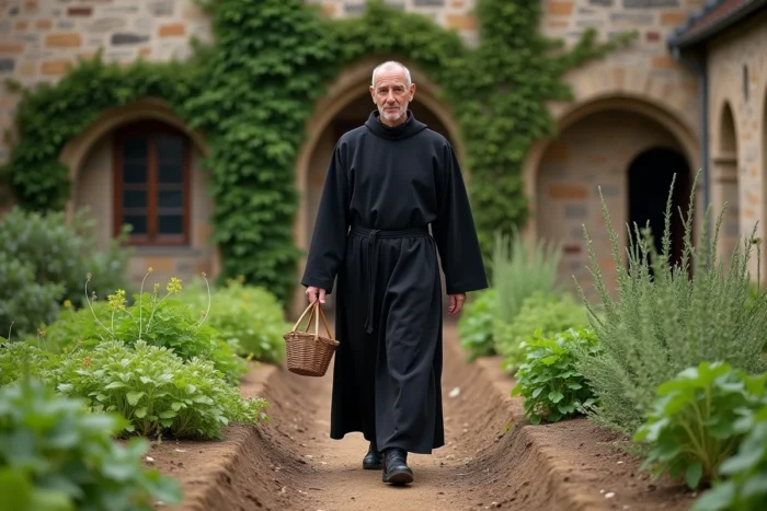 Moine bénédictin travaillant dans le jardin potager d'un monastère français, illustration de l'économie autarcique des communautés religieuses catholiques
