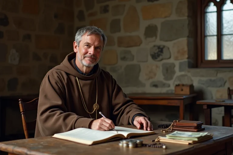 Moine catholique assis à un bureau de monastère avec des billets et pièces d'euros symbolisant les revenus modestes de la vie religieuse en France