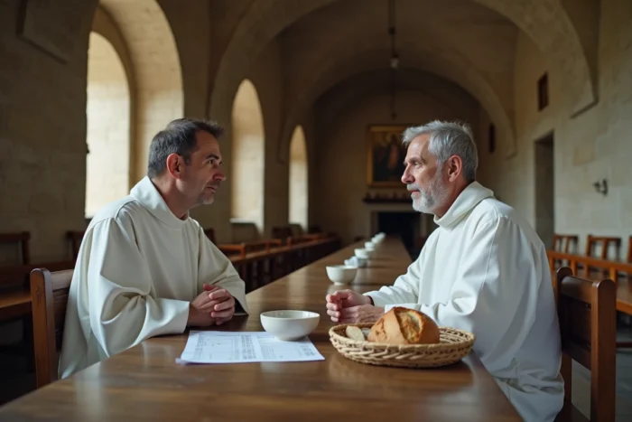 Deux moines dominicains discutant autour d'un document budgétaire dans un réfectoire de monastère, représentant la gestion financière des communautés religieuses en France