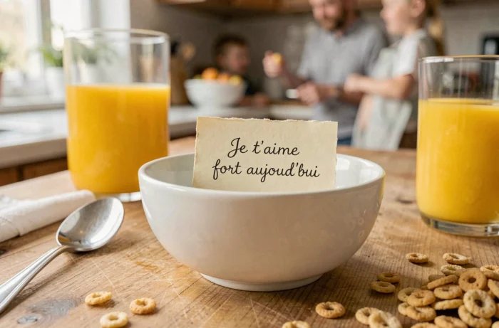 Un petit mot d'amour manuscrit glissé dans un bol de petit-déjeuner sur une table en bois, dans une atmosphère matinale chaleureuse