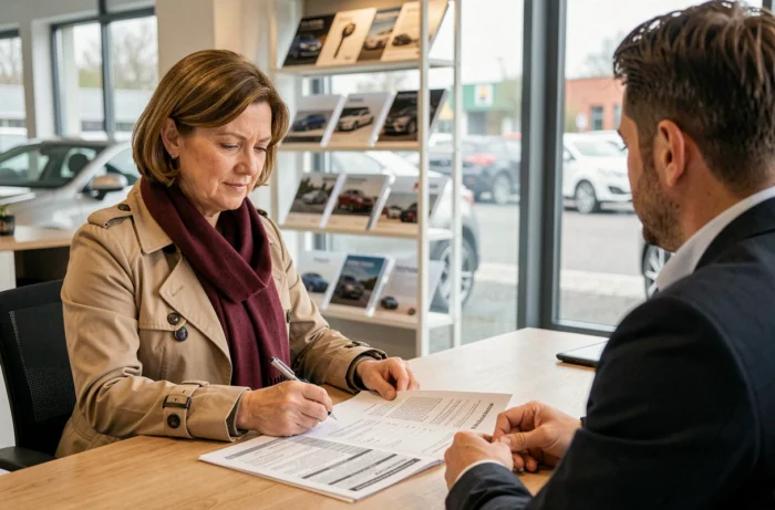 Une femme négocie l'achat d'une voiture d'occasion avec un vendeur dans un bureau de concessionnaire belge