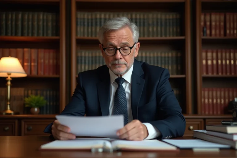 Notaire examinant des documents fiscaux liés à l'article 790 G du CGI dans un bureau juridique
