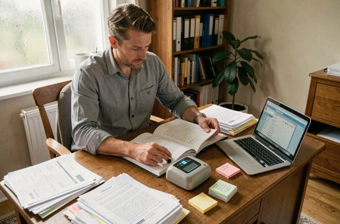 Homme numérisant des documents papier avec un scanner portable dans un bureau à domicile, processus de transition vers la gestion numérique des fichiers