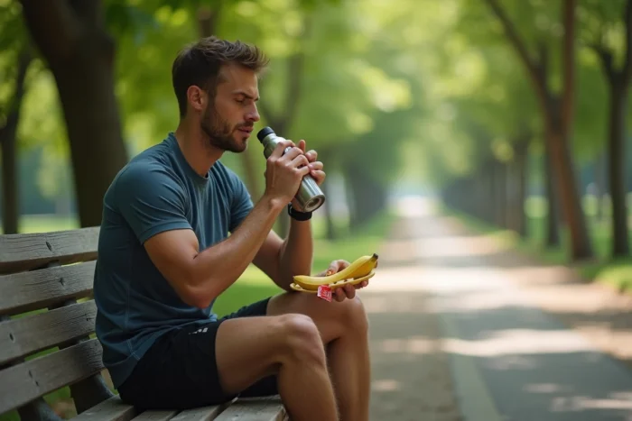 Sportif en plein air se restaurant avec une banane et des gels énergétiques après une séance de course à pied dans un parc