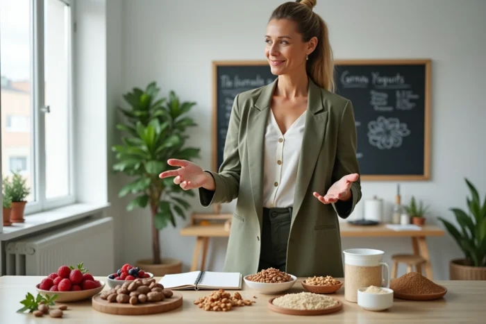 Nutritionniste sportive présentant une sélection de superaliments et un plan alimentaire adapté aux athlètes en consultation