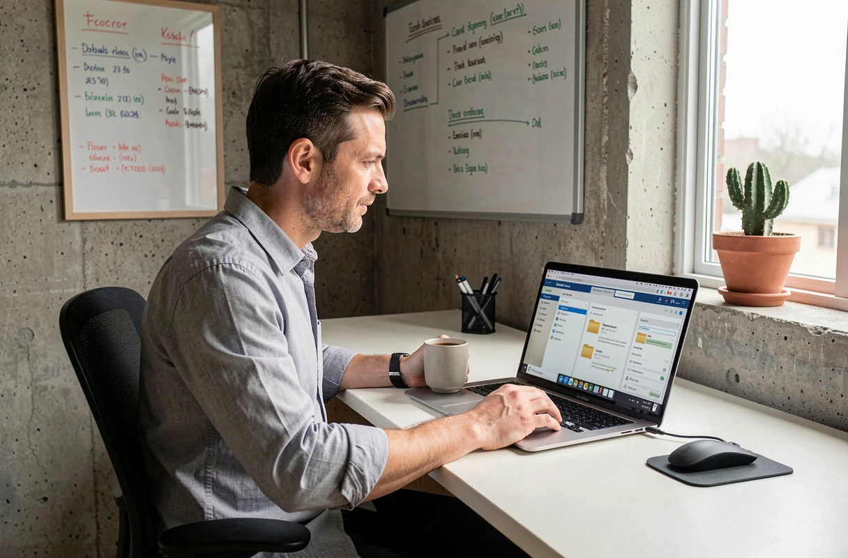 Homme organisant ses dossiers email professionnels sur un laptop dans un bureau épuré
