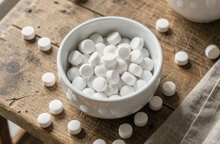 Bol en céramique blanche rempli de pastilles de Vichy rondes sur une table en bois rustique