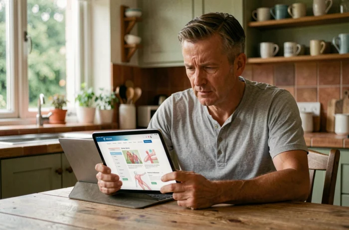 Homme d'âge mûr consultant un site d'information en santé numérique sur une tablette depuis son domicile