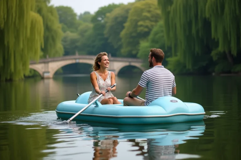 Couple faisant du pédalo sur un lac paisible entouré d'arbres dans un parc près de Paris