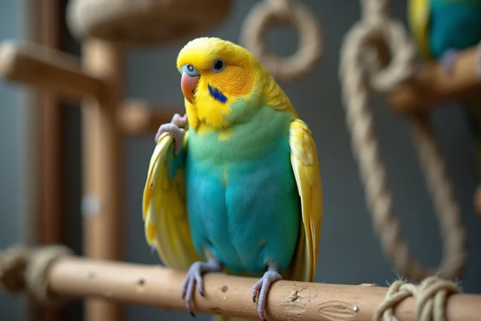Perruche ondulée turquoise et jaune en train de lisser ses plumes dans une volière enrichie, comportement révélateur de son bien-être