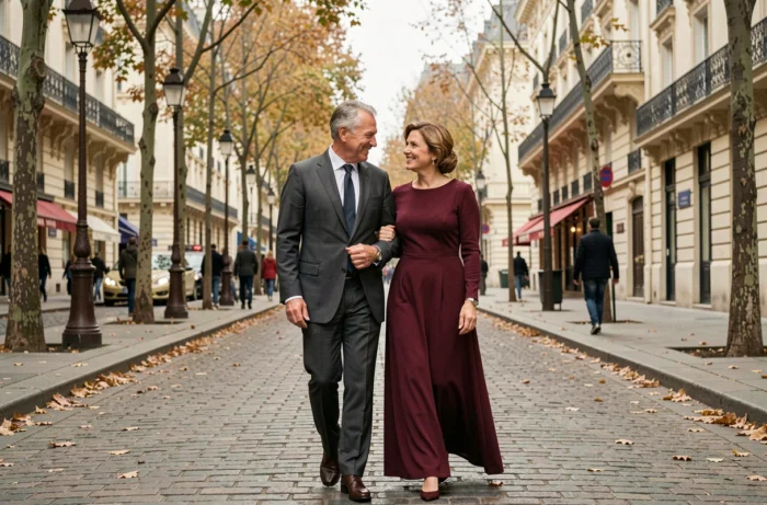 Couple élégant se promenant sur un boulevard parisien en automne, évoquant la vie privée et l'entourage de Pierre Billon