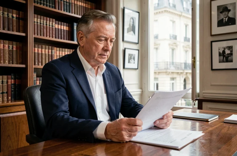 Portrait élégant d'un homme d'affaires français prospère dans son bureau parisien, illustrant la fortune et le succès de Pierre Billon