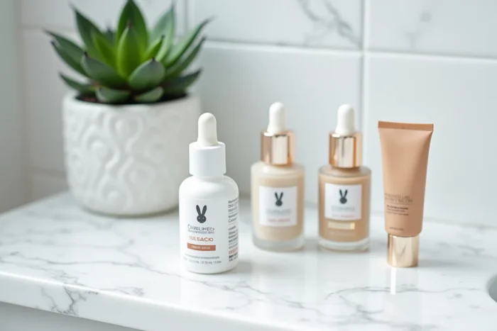 Produits cosmétiques avec logo cruelty free posés sur un plan de travail de salle de bain minimaliste