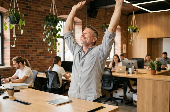 Professional die zich uitstrekt tijdens een welzijnspauze in een moderne coworkingruimte