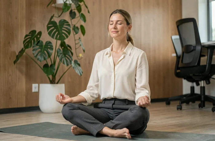 Professionnelle en méditation sur un tapis de yoga dans un espace bien-être d'entreprise moderne
