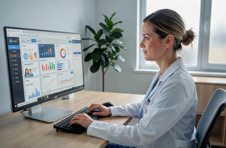 Professionnelle de santé consultant des ressources e-santé sur un portail médical numérique dans un cabinet moderne