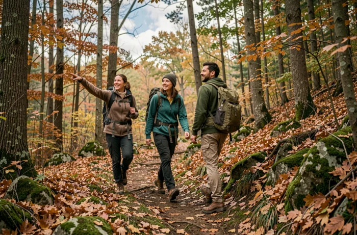 Famille en randonnée sur un sentier forestier en automne, profitant d'une activité de plein air ensemble