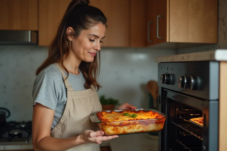 Femme plaçant un plat de lasagnes dans un four pour les réchauffer sans les dessécher