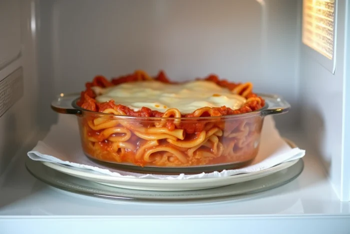 Plat de lasagnes couvert d'un papier absorbant humide dans un micro-ondes pour réchauffer sans dessécher