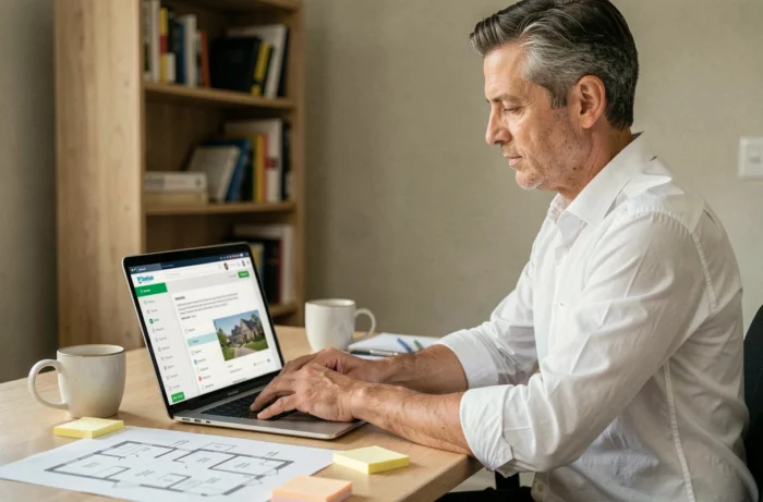 Homme effectuant ses recherches immobilières en ligne depuis son bureau à domicile avec des plans imprimés