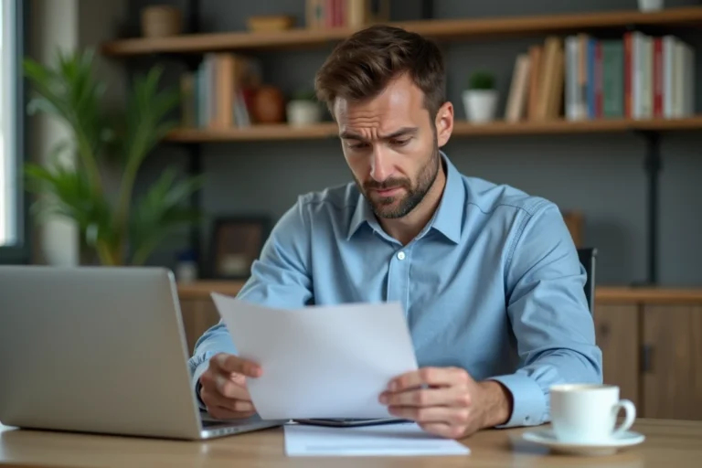 Homme en chemise bleue examinant un document de remboursement anticipé de crédit à son bureau à domicile