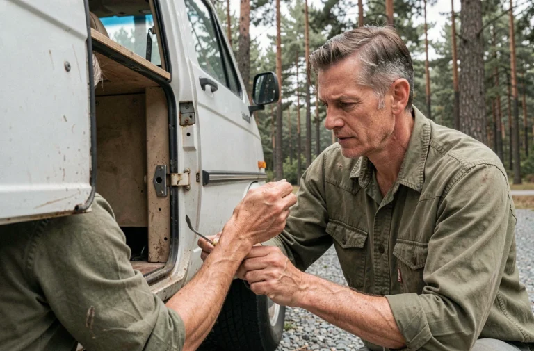 Homme réparant un compas de fenêtre de camping-car à l'extérieur sur un terrain de camping entouré de pins