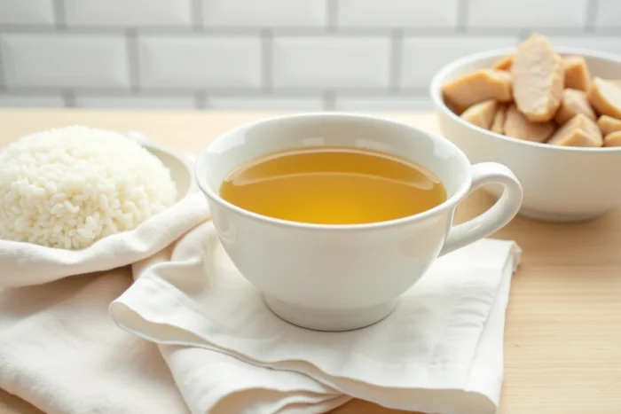Bol de bouillon clair, riz blanc et poulet vapeur pour un régime alimentaire avant une coloscopie