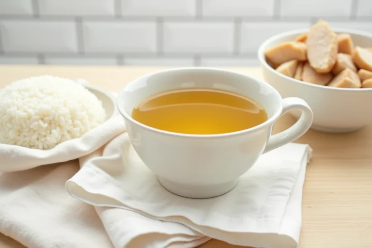 Bol de bouillon clair, riz blanc et poulet vapeur pour un régime alimentaire avant une coloscopie