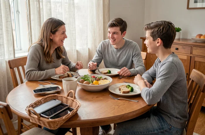 Une famille attablée pour un repas sans téléphone ni tablette, les écrans posés dans un panier en osier, engagée dans une vraie conversation