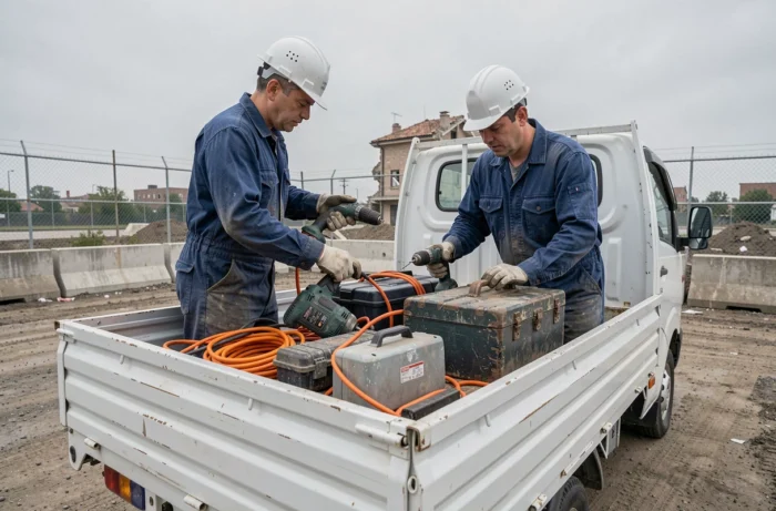 Ouvriers chargeant du matériel de construction sur un camion lors du repli de chantier