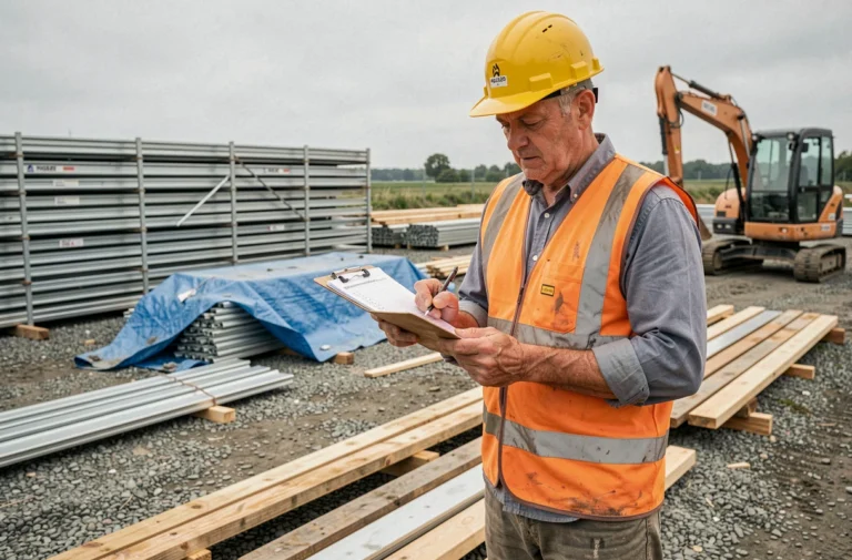 Chef de chantier consultant une liste de contrôle lors du repli d'un chantier de construction