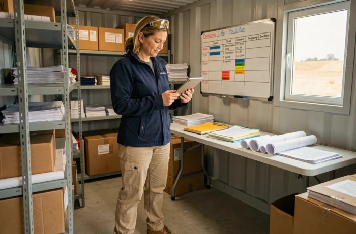Coordinatrice de chantier organisant les documents lors de la fermeture et du repli d'un chantier