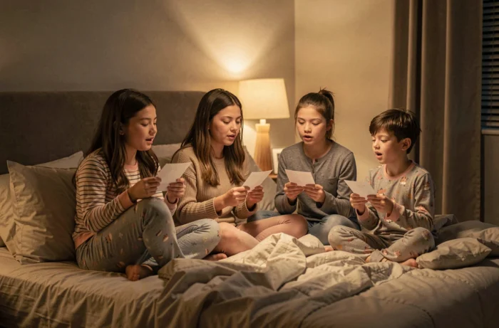 Une famille de quatre personnes réunie dans une chambre à coucher au moment du coucher, pratiquant un rituel de gratitude en partageant ce pour quoi chacun est reconnaissant