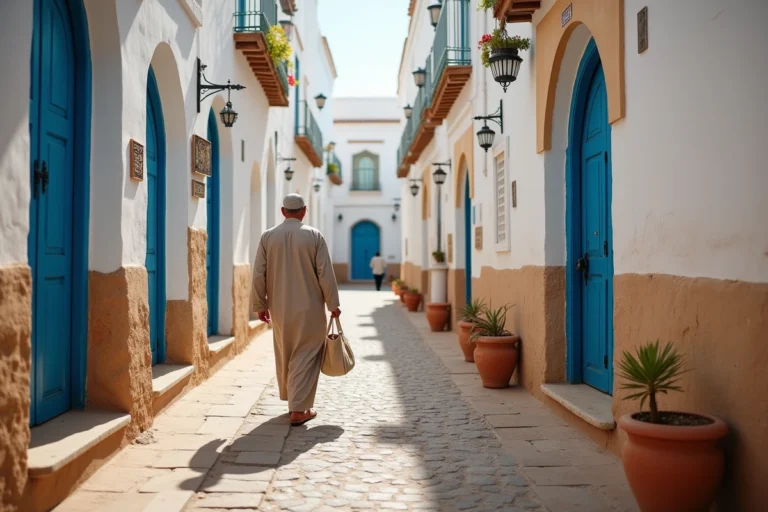 Ruelle typique de la médina d'Essaouira avec maisons blanchies à la chaux et portes bleues pour une location longue durée entre particuliers