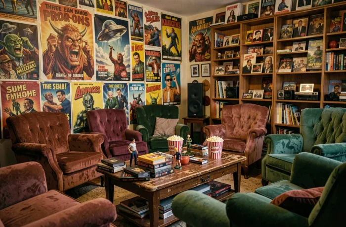 Salle de cinéma maison vintage décorée d'affiches de films de série Z des années 50 à 80, avec cassettes VHS et figurines cultes