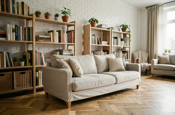 Salon bien organisé avec étagères en bois, plantes vertes et paniers de rangement en osier pour une maison agréable