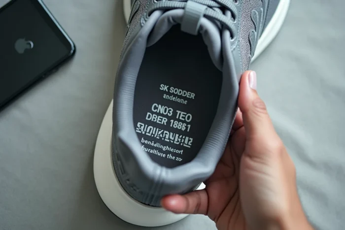 Gros plan sur l'étiquette intérieure d'une basket Nike avec un smartphone scannant le numéro de série pour vérifier l'authenticité