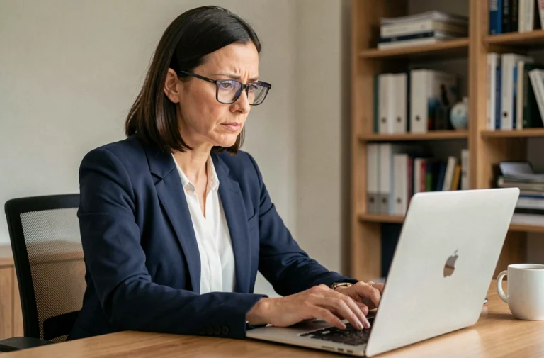 Femme consultant les paramètres de sécurité de sa messagerie électronique sur un ordinateur portable dans un bureau à domicile