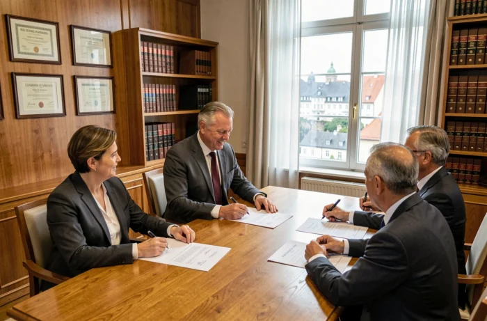 Notaire et clients signant un contrat de vente immobilière dans un bureau formel à Luxembourg