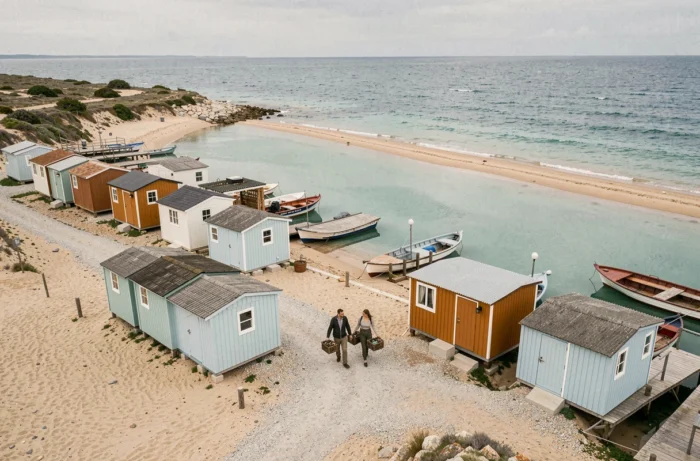 Overzicht van een Mediterraan oesterkwekerij met kleurrijke hutten op een kustlijn tussen vijver en zee in de regio Hérault