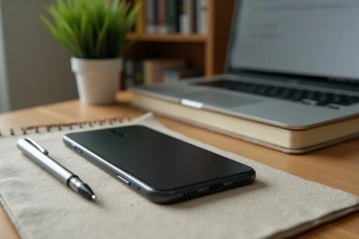 Smartphone retourné et carnet fermé sur un bureau, symbolisant le choix de protéger sa vie privée à l'ère numérique