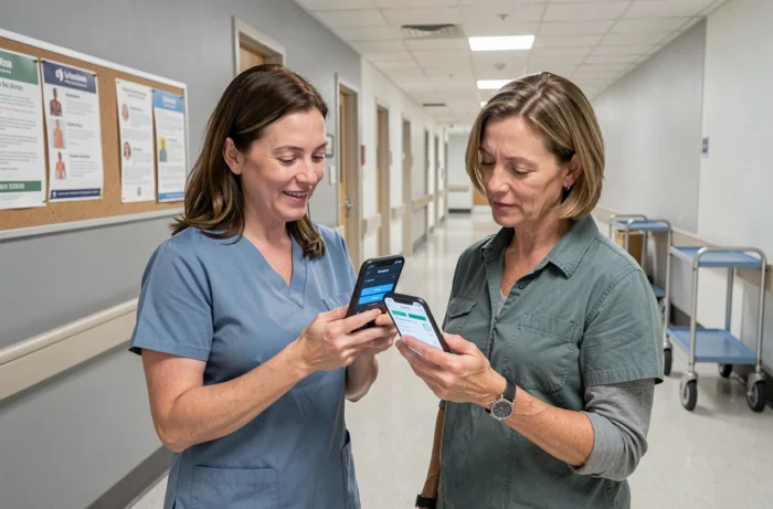Soignante et patiente consultant ensemble une application de télésanté dans un couloir d'hôpital