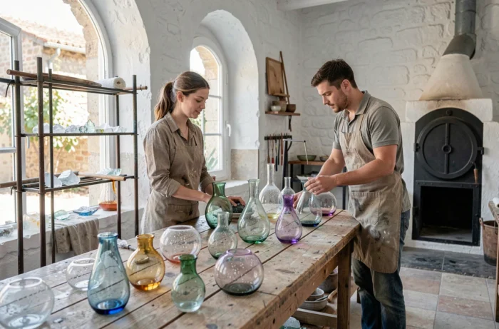 Deux artisans souffleurs de verre inspectant des pièces artisanales dans un atelier provençal lumineux