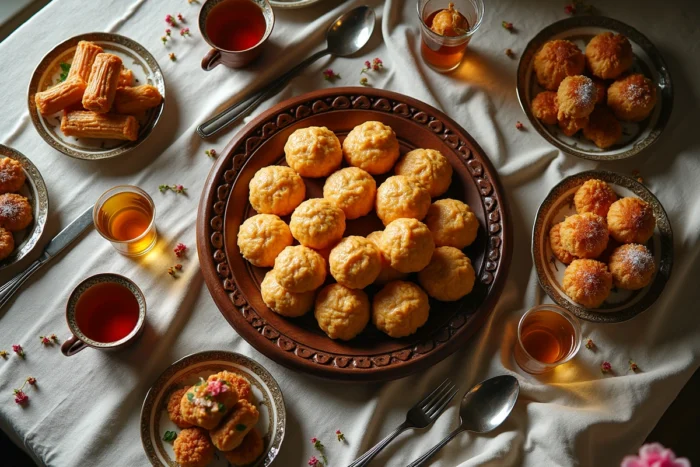 Table orientale avec khaliya al nahl et pâtisseries marocaines en vue aérienne