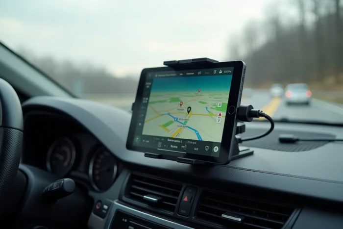 Tablette Android fixée sur le pare-brise d'une voiture affichant une carte de navigation CarPlay